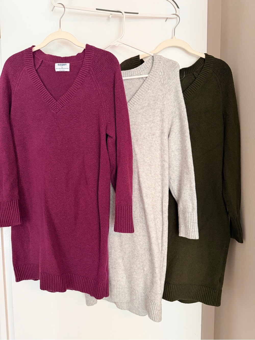 Bundle of 3 Women’s V-Neck Sweater Dresses - Berry, Light Gray & Olive